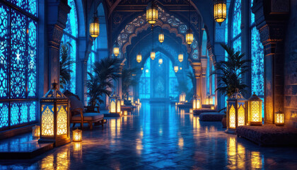Fototapeta premium Enchanted Palace Corridor: A Nighttime Journey Through Arabian Nights