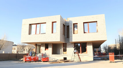 Fototapeta premium Modern house under construction, showing stone cladding, large windows, and scaffolding.