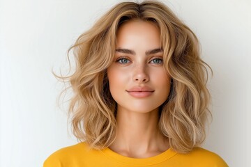 Naklejka premium The woman is a young blonde with blue eyes, wearing a yellow sweatshirt, loose wavy blonde hair, natural makeup, gray neutral background,