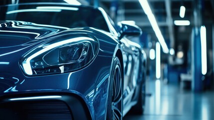 Sleek Blue Sports Car Headlight Detail Showroom