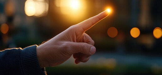 Finger pointing sunset, urban background, future concept