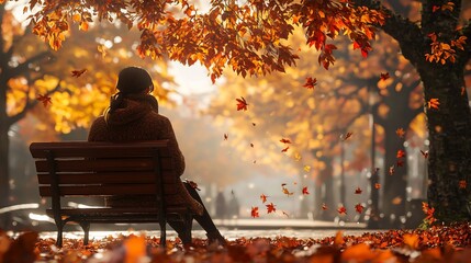 Woman Sits Alone On A Bench In Autumn