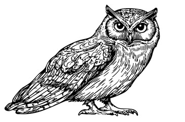 Monochrome Cartoon Owl, Exquisite Illustration, Sketch, No Background 