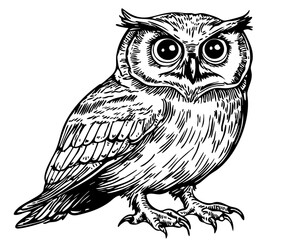 Elegant Illustration of Cartoon Owl, Monochrome Art in High Detail, Sketch, No Background