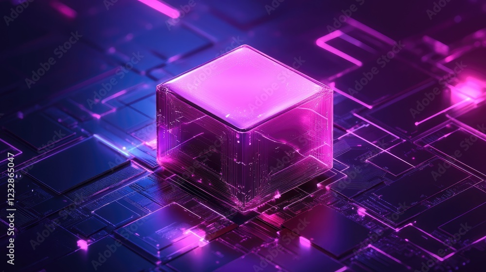 Poster Illuminated Cube on Abstract Circuit Board