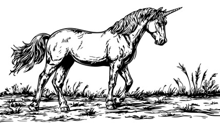Elegant Illustration of Unicorn Monochrome Art in High Detail, No Background