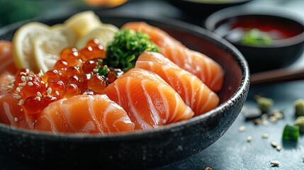 Beautifully plated Japanese sashimi assortment with wasabi, soy sauce, and fresh garnish 
