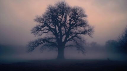 Lone Tree Stands in Misty Dawn Landscape