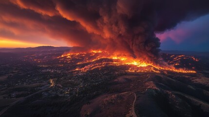 Aerial View of a Wildfire Burning Hillsides at Sunset