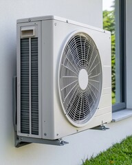 An outdoor air conditioning unit mounted on a wall, featuring a large fan, surrounded by green grass and a modern architectural setting.