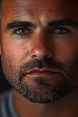 Obraz premium Primer plano de rostro de hombre joven mirando a cámara con ojos bonitos e incipiente barba