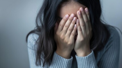distressed woman burying her face behind fingers in dim interior wearing cozy grey sweater feeling hopeless copyspace concept of mental health therapy