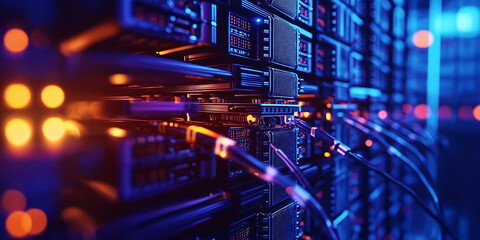 Close-Up Shot of High-Speed Networking Cables in a Server Room, Showcasing Modern Data Center Technology Generative AI