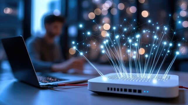 Wireless router emitting signals with glowing connections in a modern workspace during evening hours