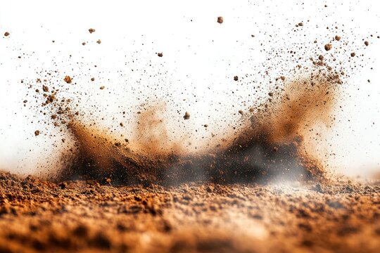 Dirt explosion on dry ground with dust cloud against white background