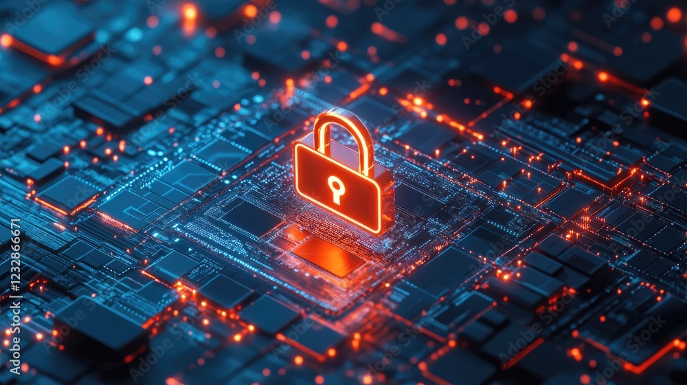 Poster Digital Security System Padlock on Circuit Board