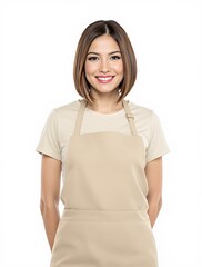 Smiling woman in beige apron on white background embracing hospitality concept
