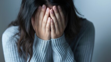 anxious woman hiding her face behind hands in a indoor environment wearing grey sweater feeling overwhelmed copyspace concept of mental health support