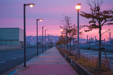 Fototapeta premium Dusk over a quiet Shikoku port sidewalk with street lights, trees, and a pastel sky reflecting on an empty parking lot and warehouse backdrop