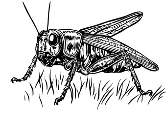 Monochrome Cartoon Cricket Exquisite Hand-Drawn Illustration, Sketch, No Background