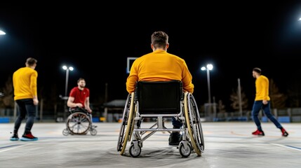 Obraz premium On a well-lit court, a young wheelchair basketball player energetically faces opponents, highlighting skill, determination, and inclusivity in sports.