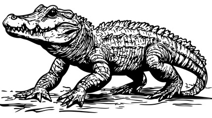 Monochrome Cartoon Crocodile Exquisite Hand-Drawn Illustration, Sketch, No Background 