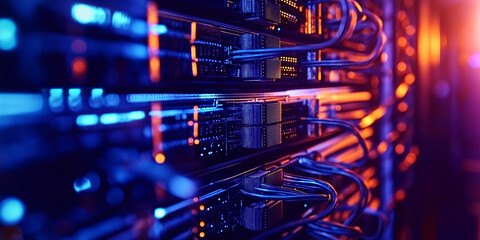 Close-Up of Advanced Networking Cable Management in a Server Room with High-Speed Cables and Volumetric Lighting Generative AI