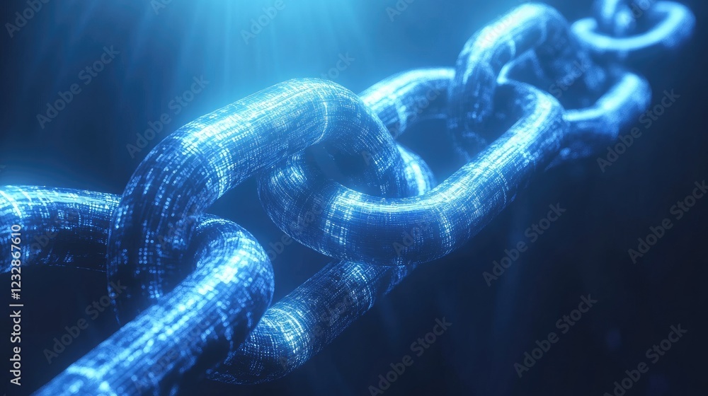 Poster digital chain links glowing bright blue data security