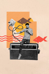 Creative artwork template sketch image 3D collage of young guy dance listen radio music...