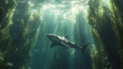 Obraz premium Shark swimming kelp forest, sunlight beams, ocean