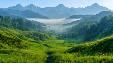 Obraz premium Misty mountain valley sunrise, green hills, scenic view, nature wallpaper