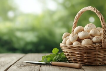 White gibbs in a wicker basket and a knife, on the left an empty space for text, the concept of harvesting champignons.