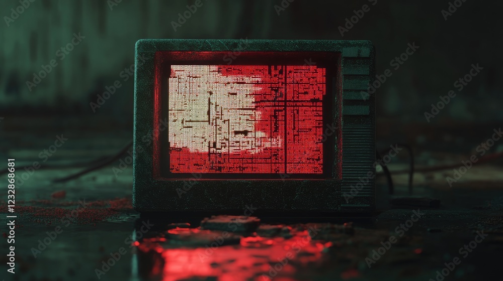Poster retro television displaying glitched code