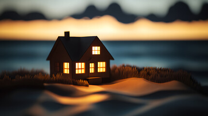 Casa acogedora iluminada al atardecer junto al mar, rodeada de dunas y hierba, con cielo dramático y ambiente cálido y tranquilo.