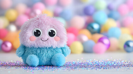Fototapeta premium Cute fluffy pink and blue plush toy monster sitting on a glittery surface with a colorful pastel bokeh background.
