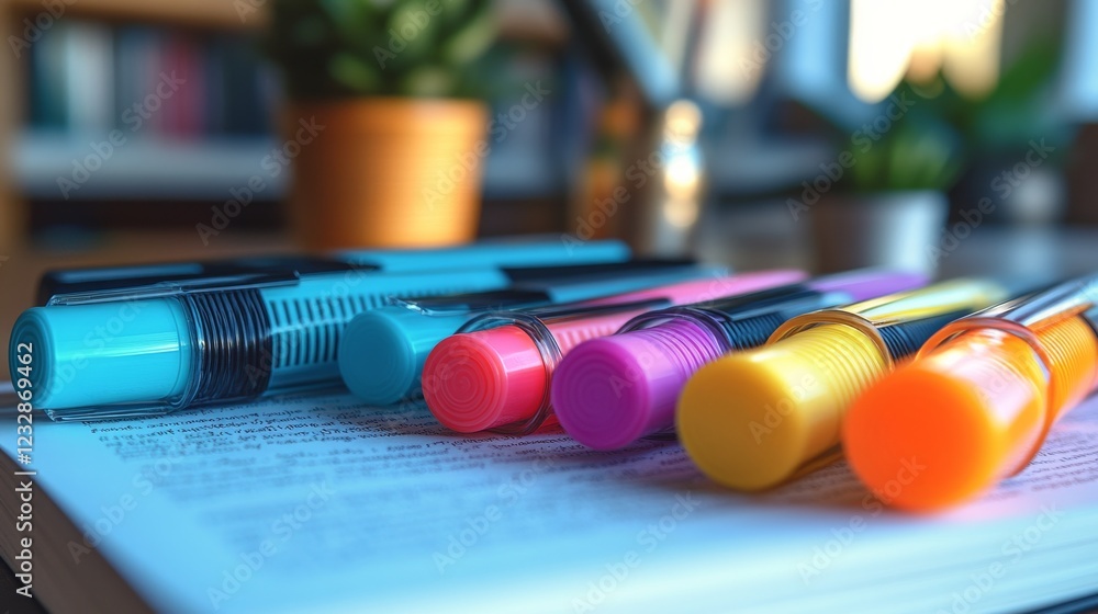 Poster colorful markers arranged on an open notebook with soft lighting in a cozy setting