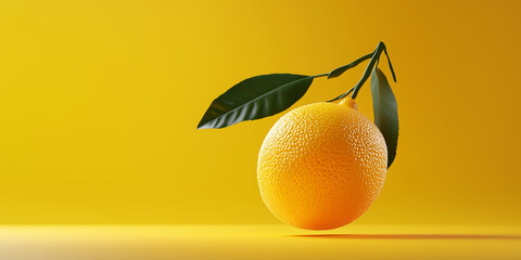 Vivid 3D Render of a Juicy Orange Fruit with Leaves on Yellow Background