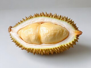 Fototapeta premium close-up of a ripe durian fruit cut open to reveal its yellow flesh