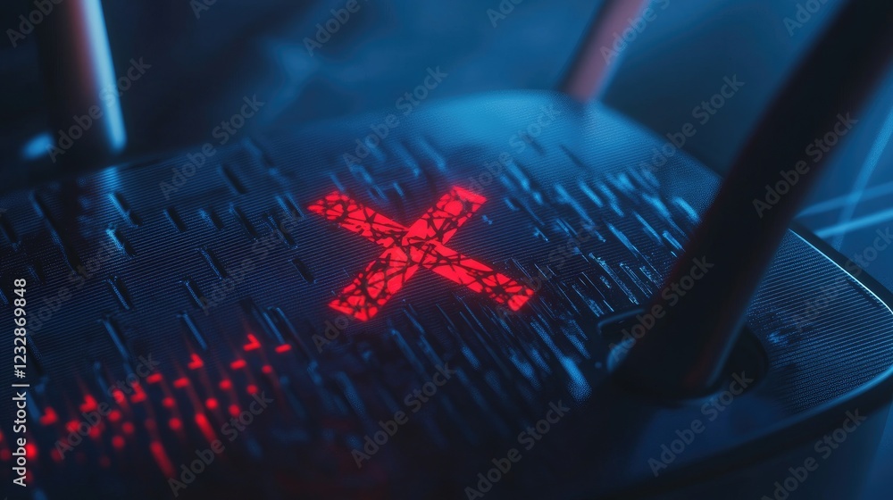 Poster Red X Symbol on a Dark Router Showing Network Failure
