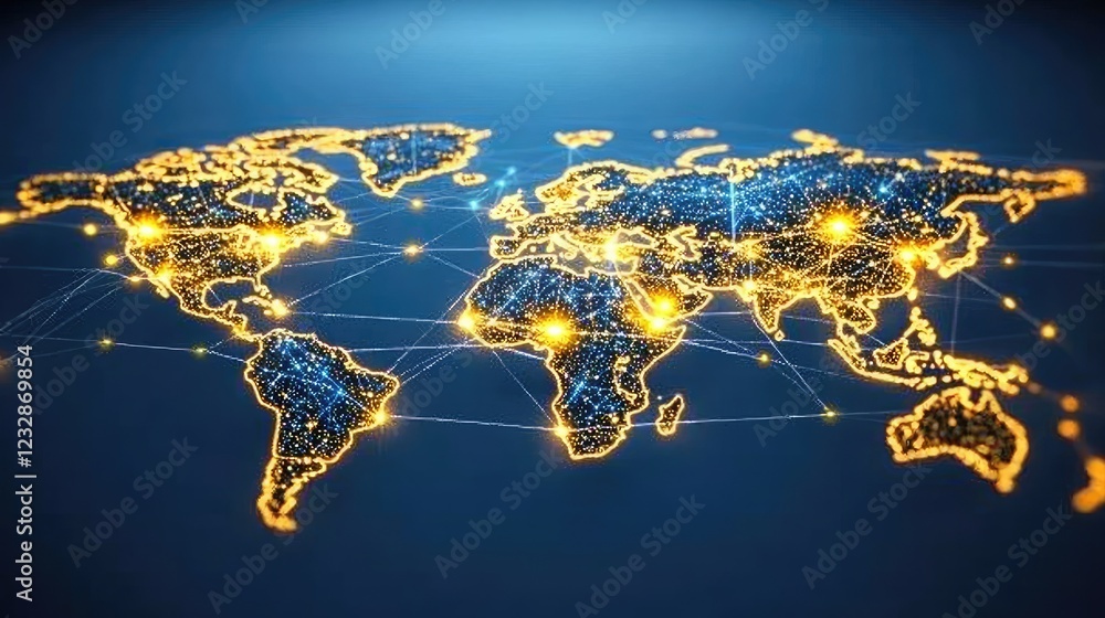 Poster Global Network Illuminated World Map Showing Interconnections