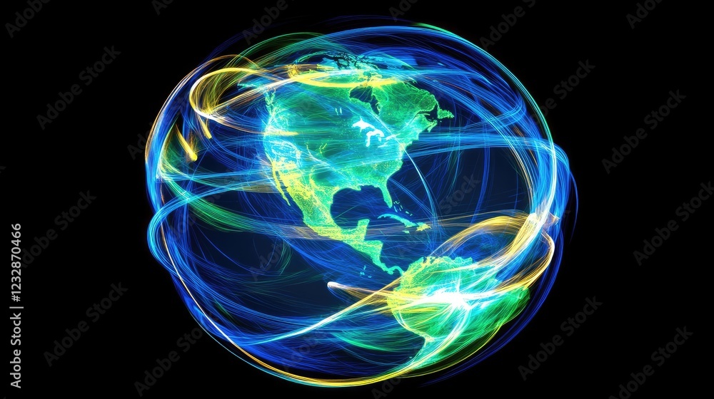 Poster illuminated earth globe showing global network connections
