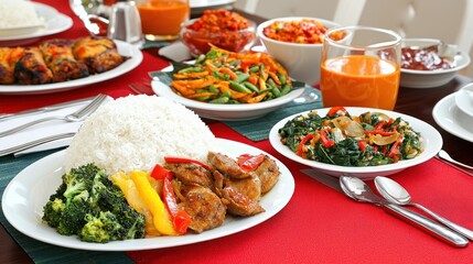 Delicious and Colorful Home-Cooked Meal with Rice, Meat, and Vegetables