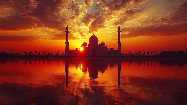 Sunset view of a mosque reflected in water, serene and picturesque setting 