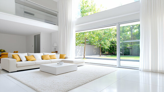 Fototapeta Modern white living room, large window, garden view, luxury home interior design