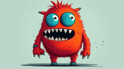 Playful Orange Cartoon Monster With Spiky Fur and Big Eyes on Blue Background