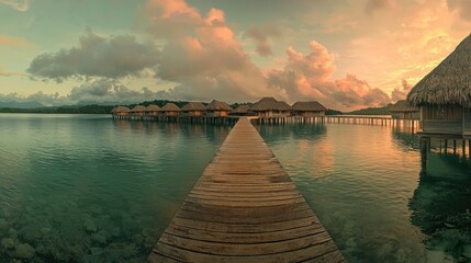 Fototapeta premium Sunset Serenity with Overwater Bungalows at Dawn