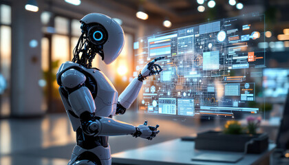 Advanced Robotic Technology Interacting with a Futuristic Interface