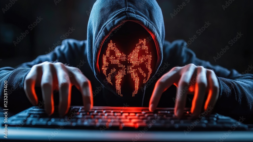 Poster hooded figure codes world map on keyboard