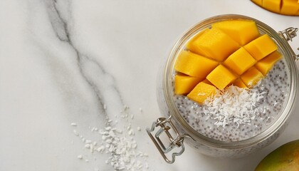 Delicious chia seed pudding with fresh mango and coconut flakes.