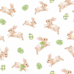 Baby rabbit pattern in beige adorned with Easter eggs and ribbon bows. This cute spring and Easter bunny surface design features adorable watercolor hand-drawn rabbits.